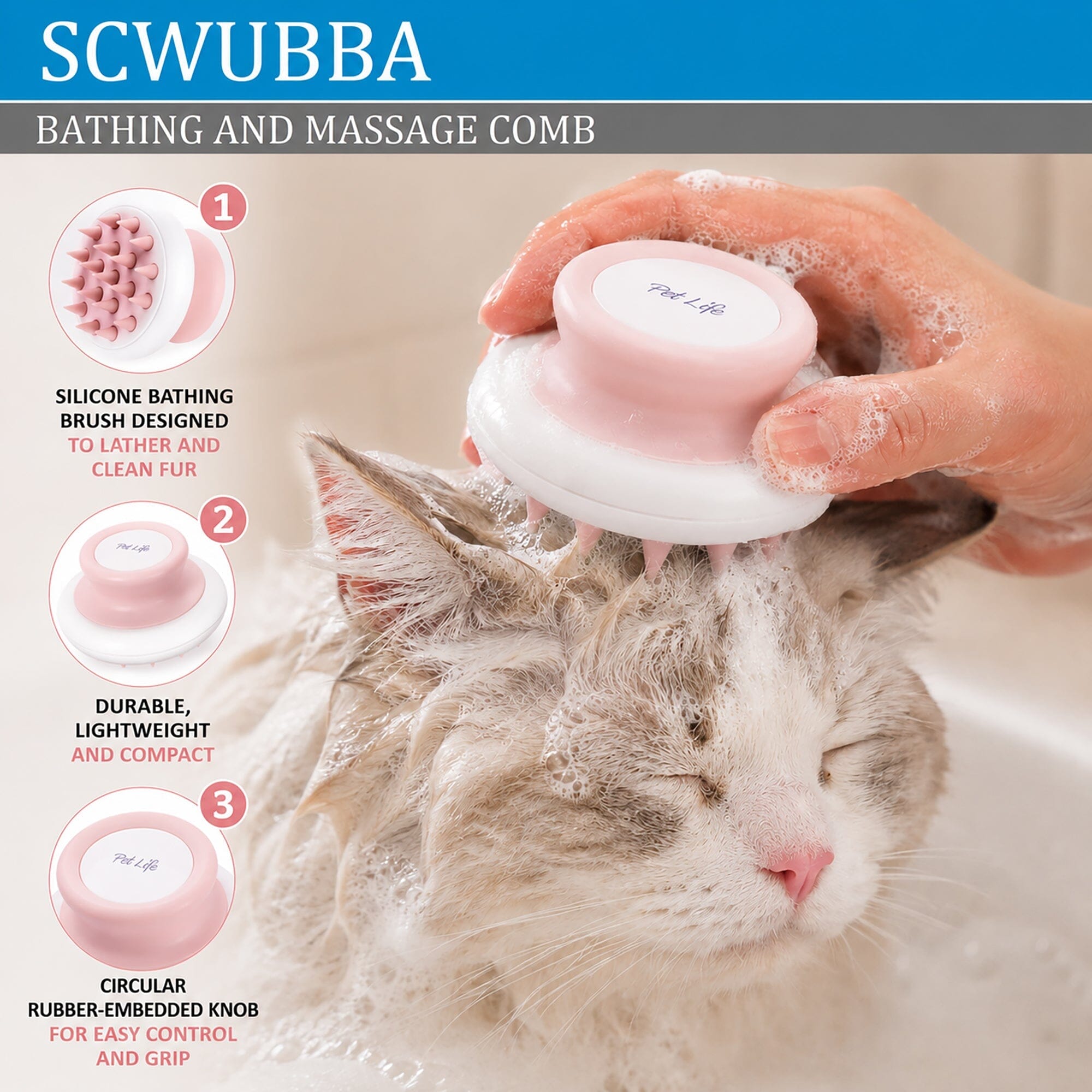 Pet Life Scwubba Handheld Bathing Brushing and Massaging Soft Flexible Grooming Pet Comb | HT Animal Supply