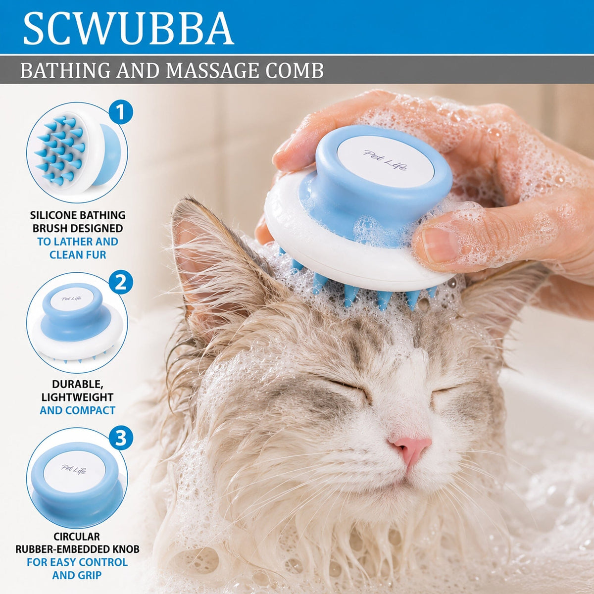 Pet Life Scwubba Handheld Bathing Brushing and Massaging Soft Flexible Grooming Pet Comb | HT Animal Supply