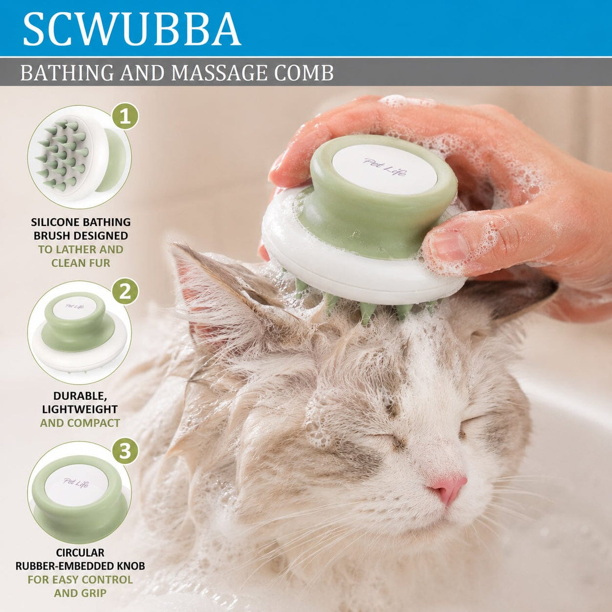 Pet Life Scwubba Handheld Bathing Brushing and Massaging Soft Flexible Grooming Pet Comb | HT Animal Supply