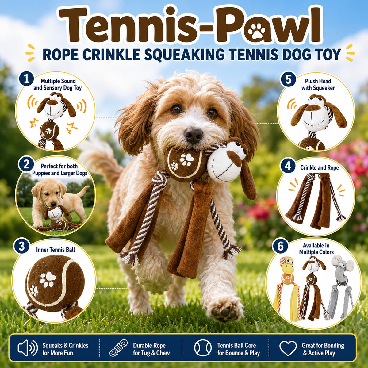Pet Life Tennis Pawl Rope Squeaker and Crinkle Tennis Dog Toy | HT Animal Supply