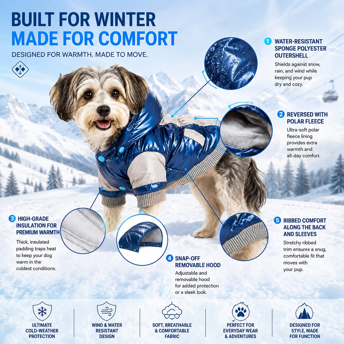 Pet Life Vintage Aspen 3M Insulated Sporty Ski Dog Jacket w/ Removable Hood | HT Animal Supply