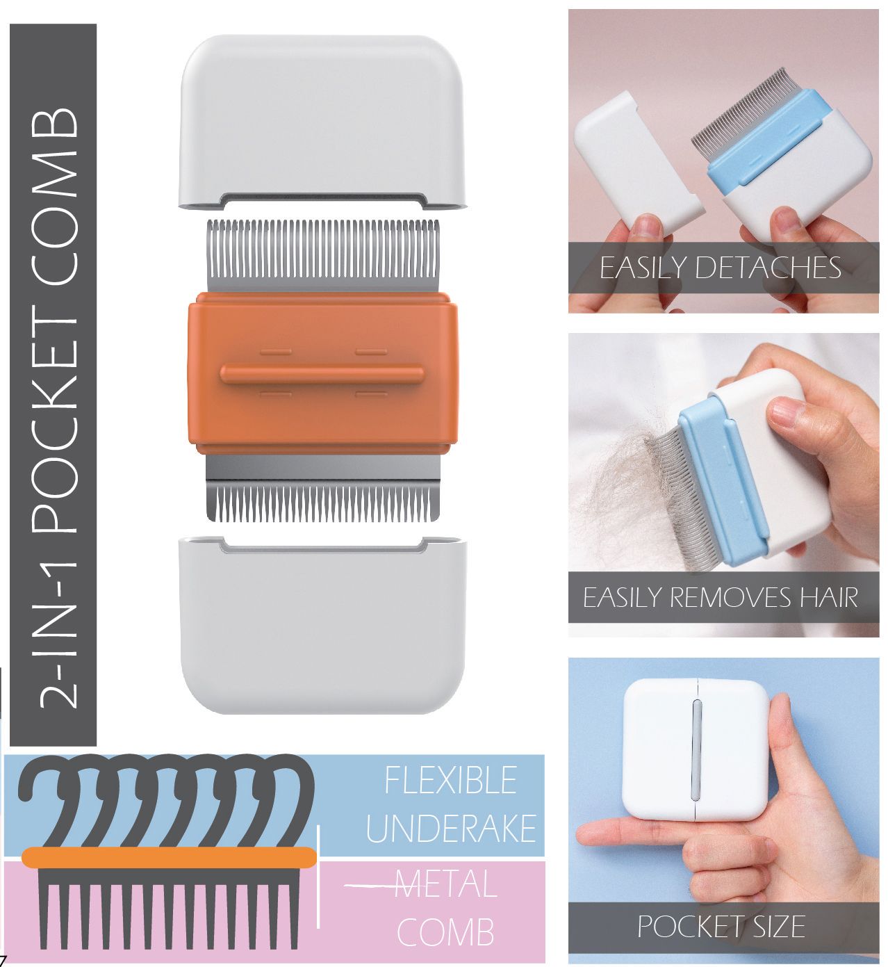 Pet Life Zipocket 2-in-1 Underake and Stainless Steel Travel Grooming Pet Comb