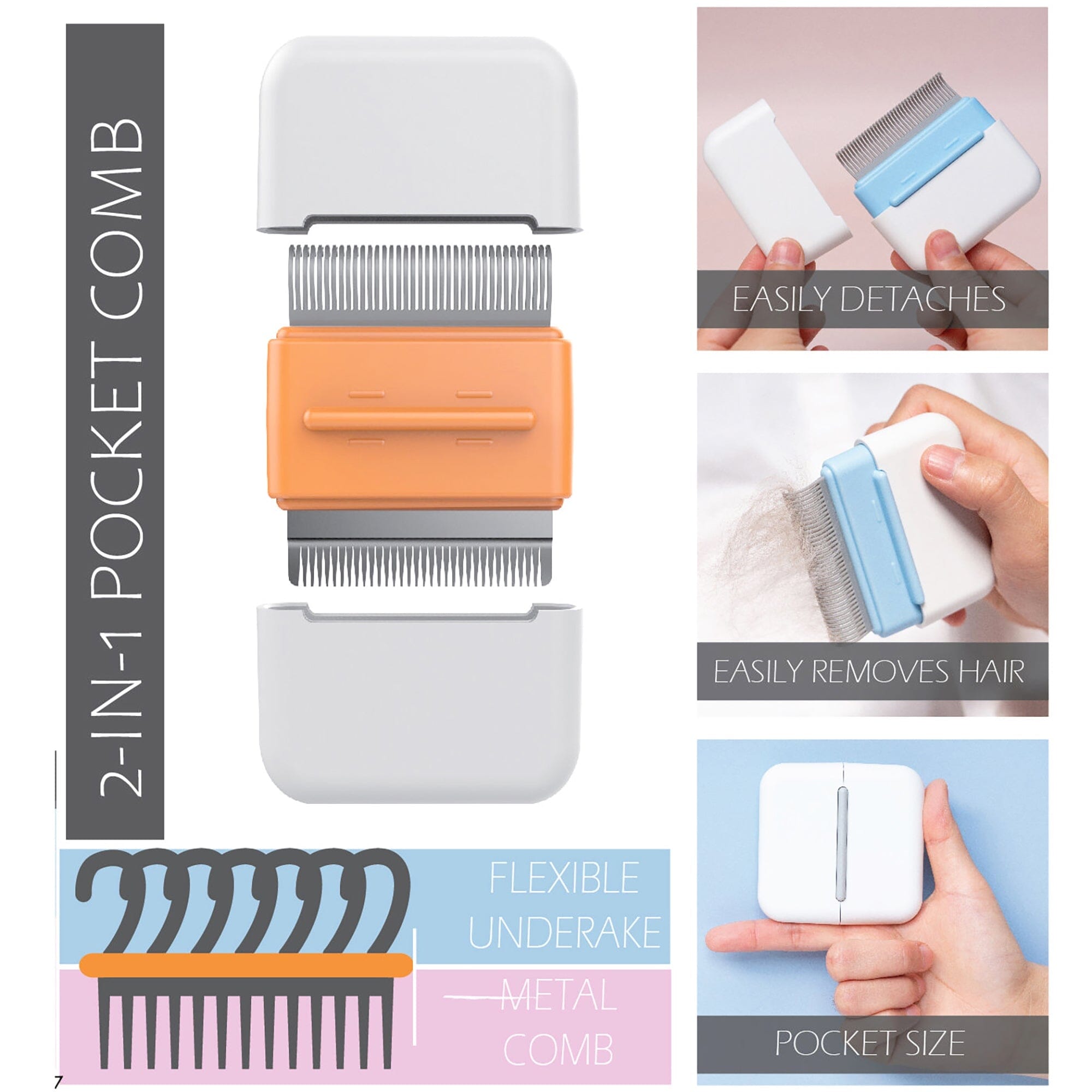 Pet Life Zipocket 2-in-1 Underake and Stainless Steel Travel Grooming Pet Comb | HT Animal Supply