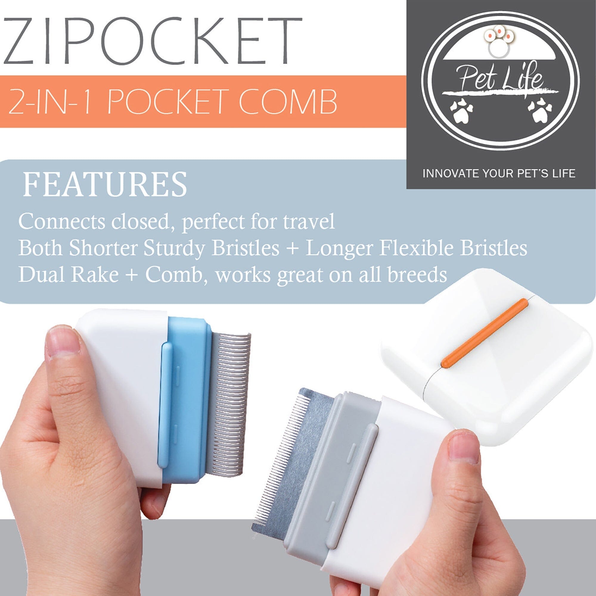 Pet Life Zipocket 2-in-1 Underake and Stainless Steel Travel Grooming Pet Comb | HT Animal Supply