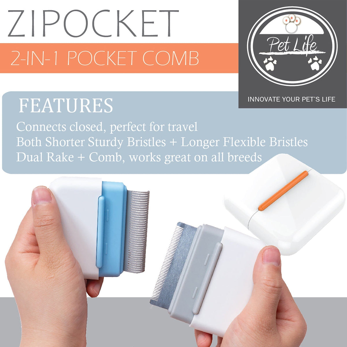 Pet Life Zipocket 2-in-1 Underake and Stainless Steel Travel Grooming Pet Comb