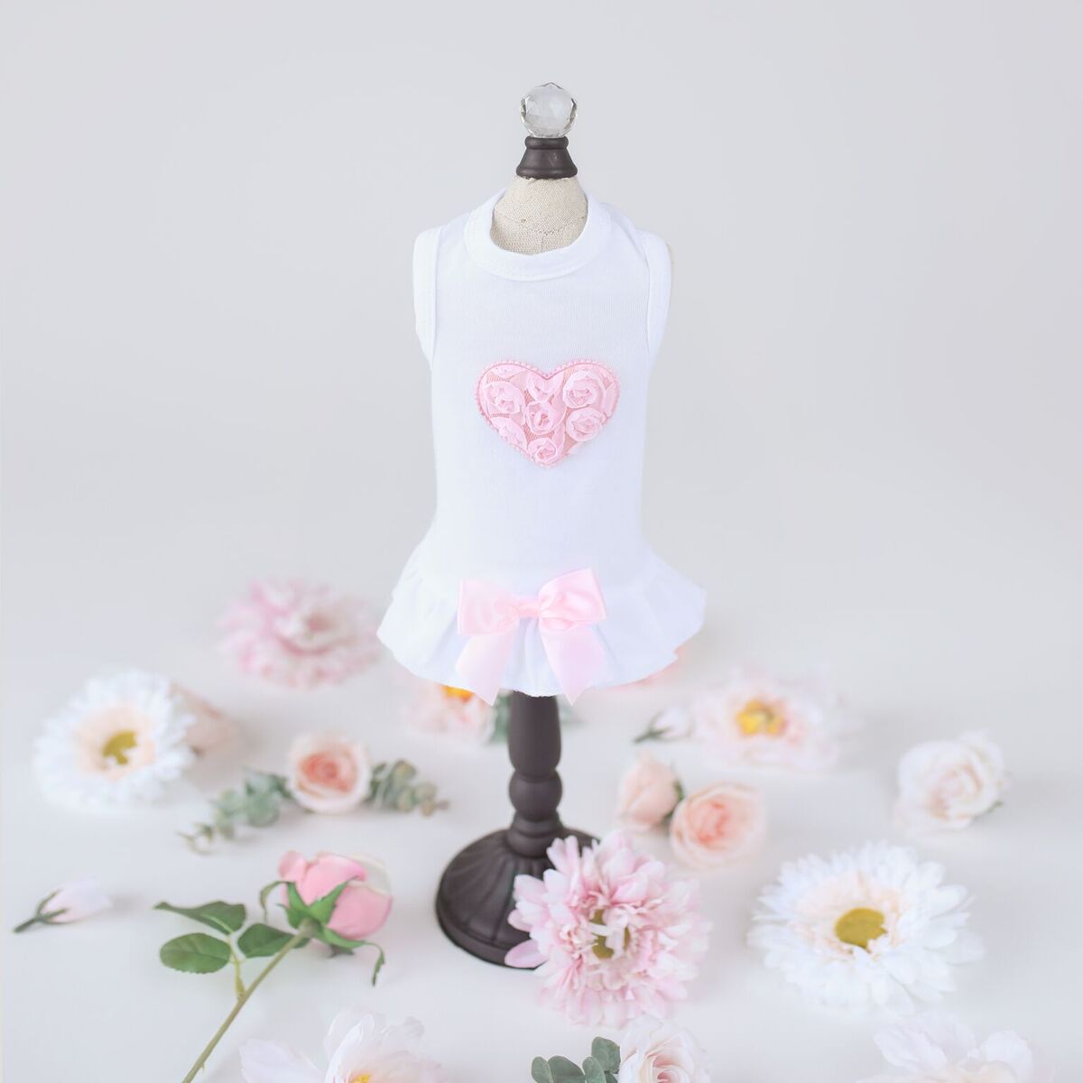 Hello Doggie Red Puff Heart Satin Cotton Pink Dog Dress