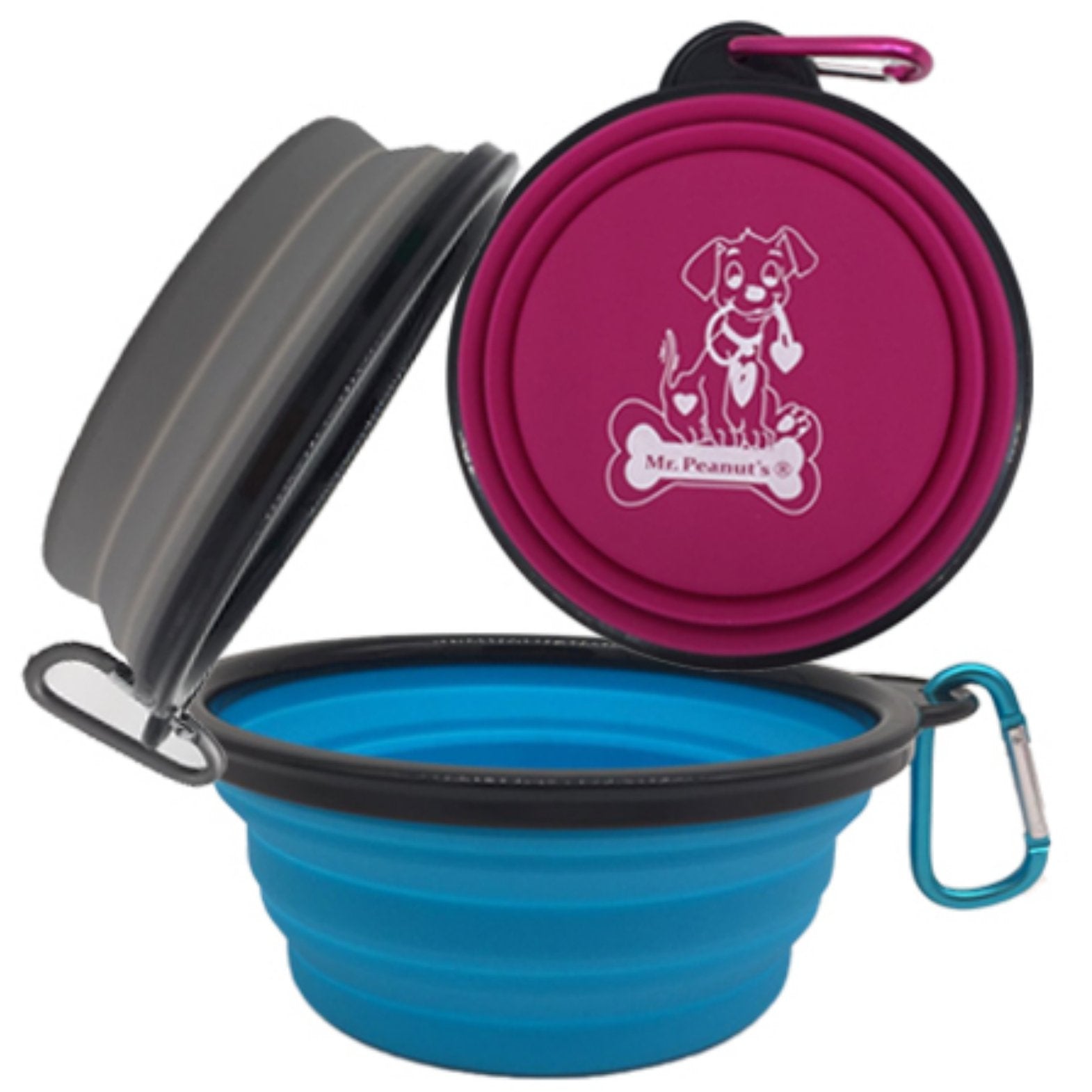 Mr. Peanuts 3 Pak XL (25oz) Collapsible Silicone Bowls with Color Matched Carabiner Clips