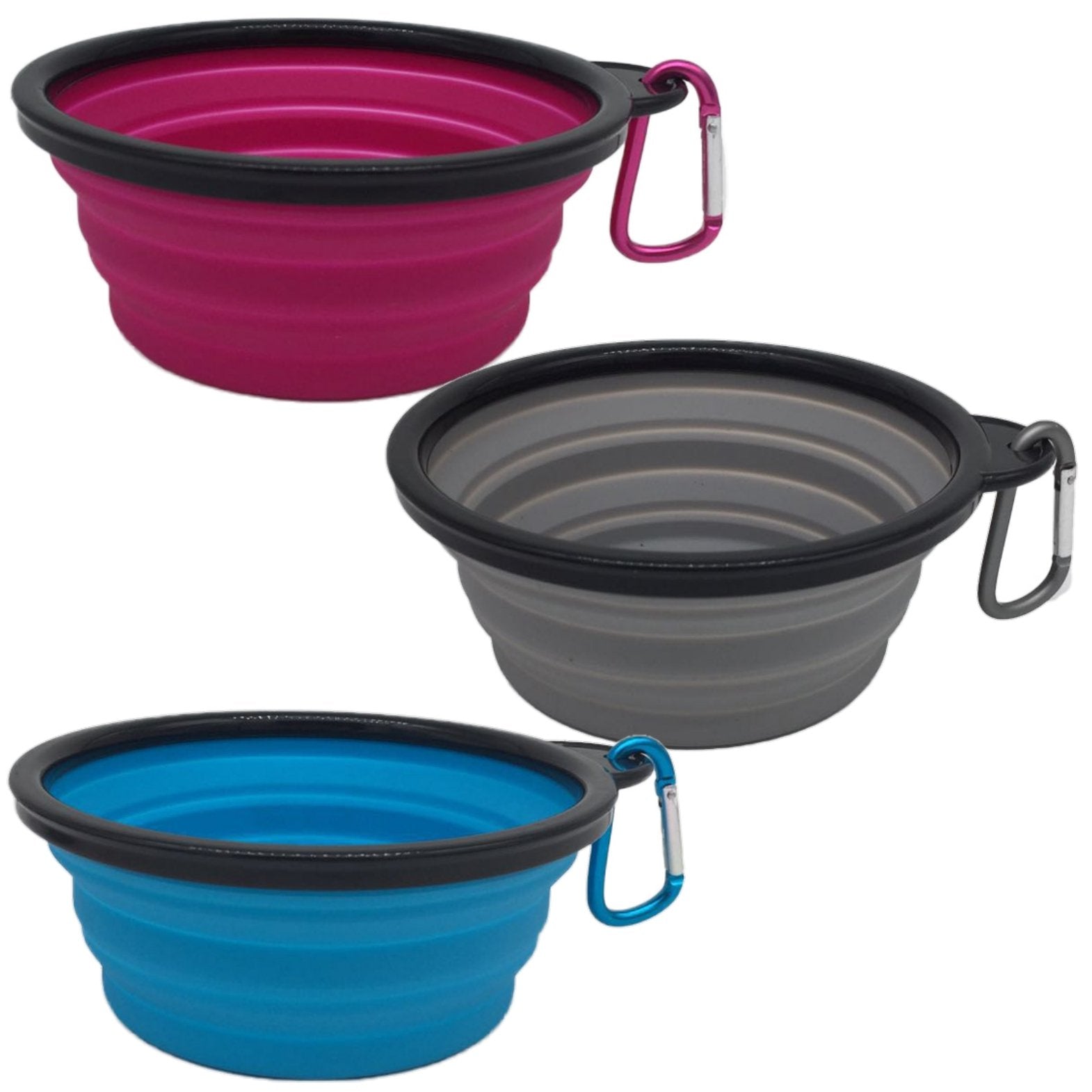 Mr. Peanuts 3 Pak XL (25oz) Collapsible Silicone Bowls with Color Matched Carabiner Clips