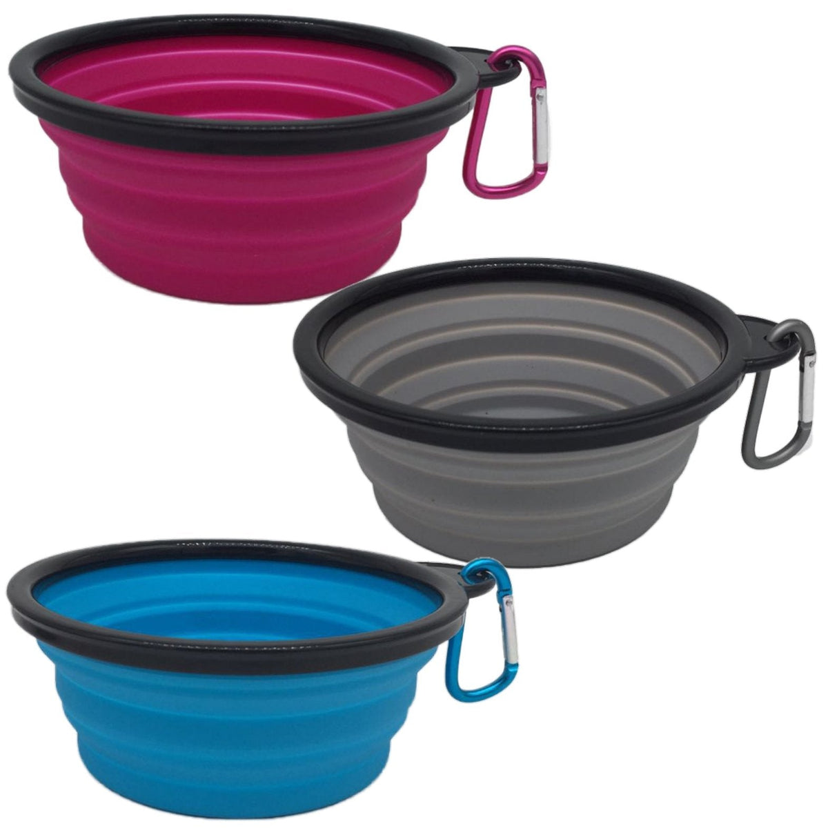 Mr. Peanuts 3 Pak XL (25oz) Collapsible Silicone Bowls with Color Matched Carabiner Clips 
