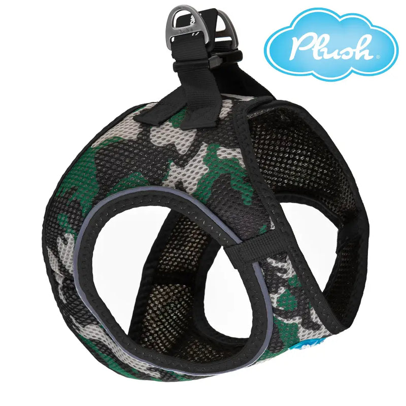 camo step-in dog harness breathable air mesh on white background