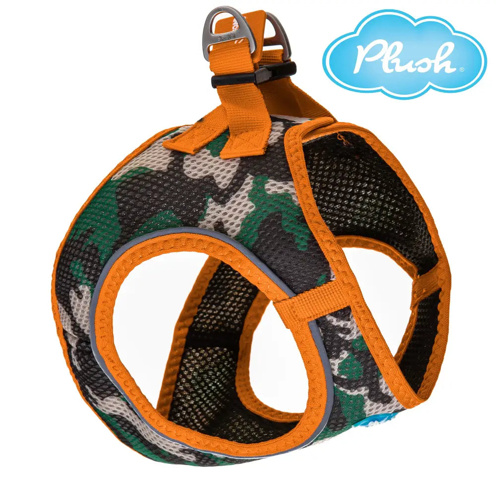 camo/orange step-in dog harness breathable air mesh on white background