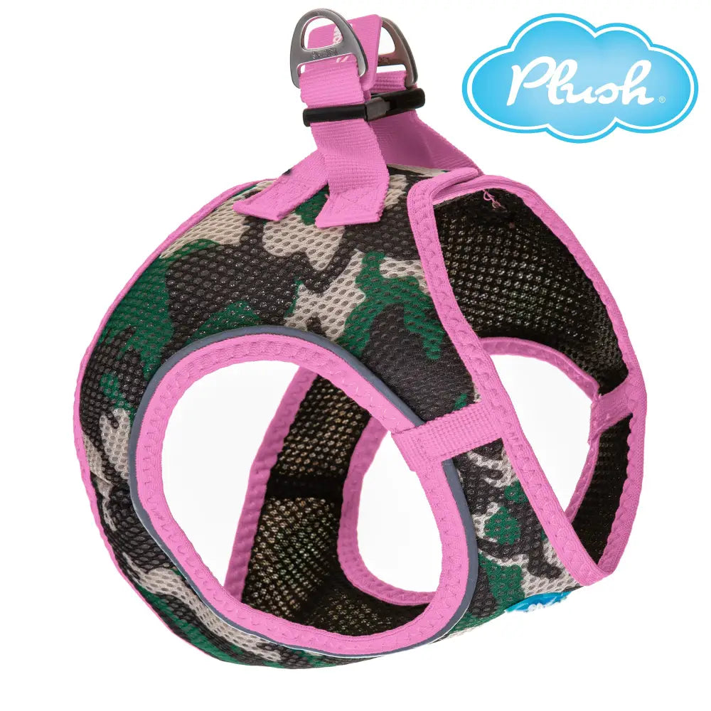 camo/pink step-in dog harness breathable air mesh on white background