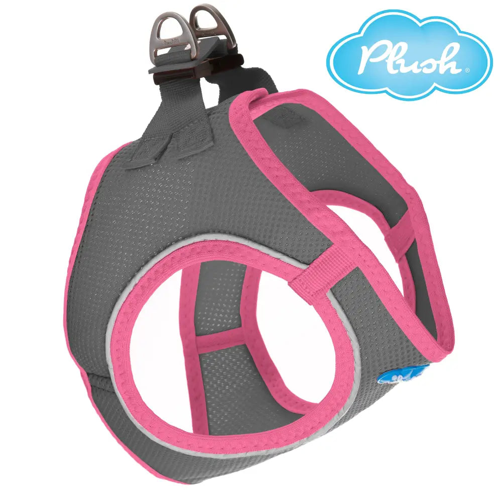 shark grey/pink step-in dog harness breathable air mesh on white background
