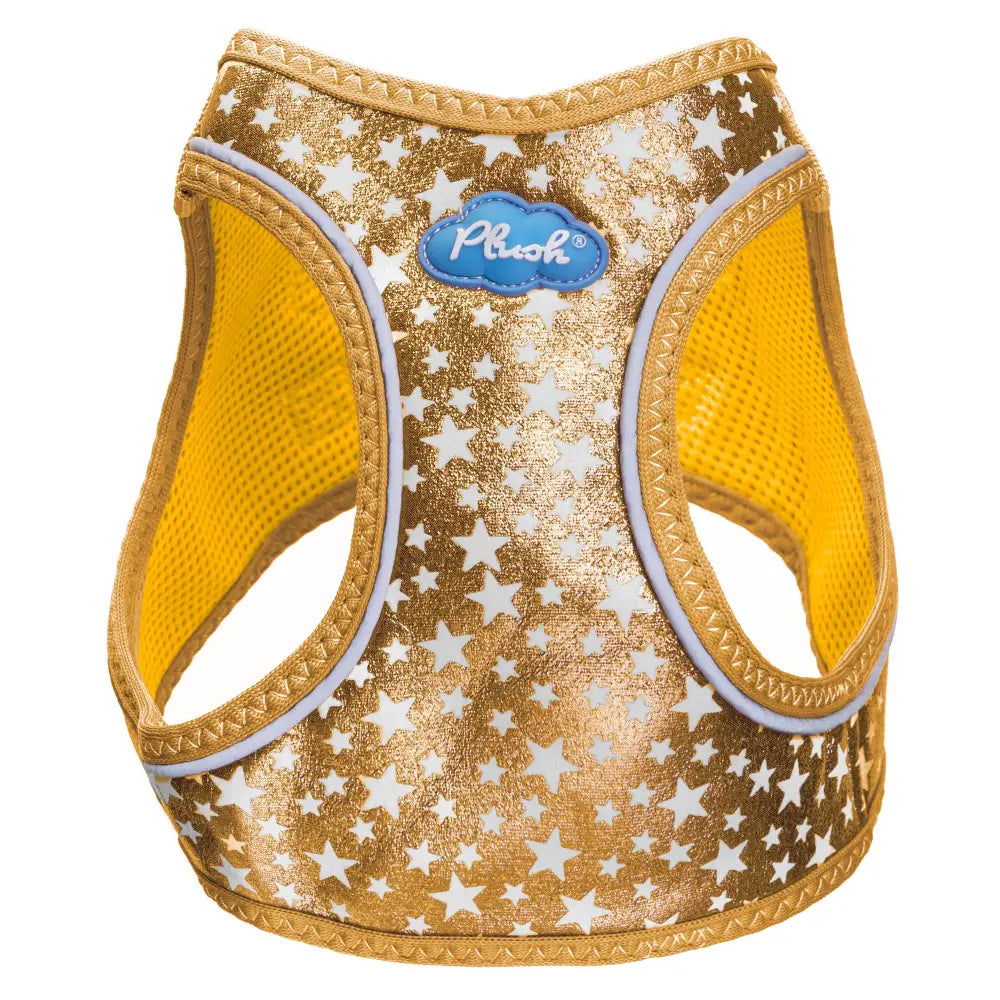 gold step-in dog harness glow in the dark glitter on white background