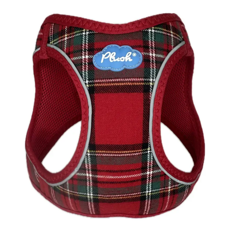 plaid red step-in dog harness plaid fabric on white background