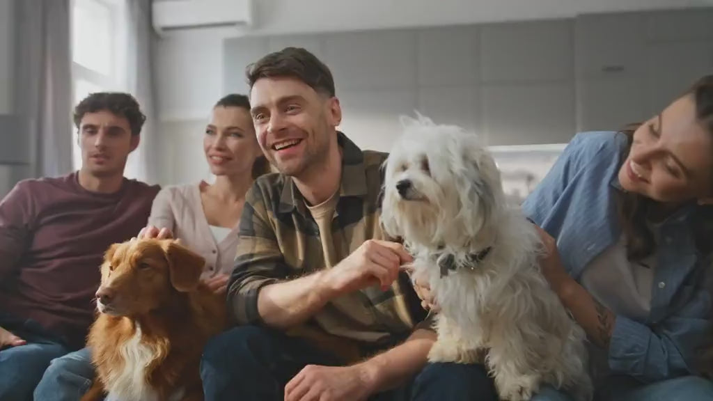 Happy family relaxing at home with their dogs, showcasing the joy of pet ownership and premium pet supplies from HT Animal Supply.