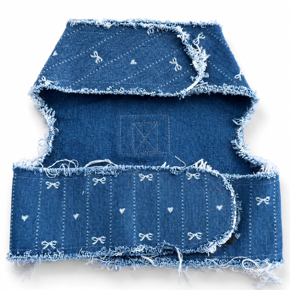 Heads or Tails Pup Bow Print Denim Dog Harness