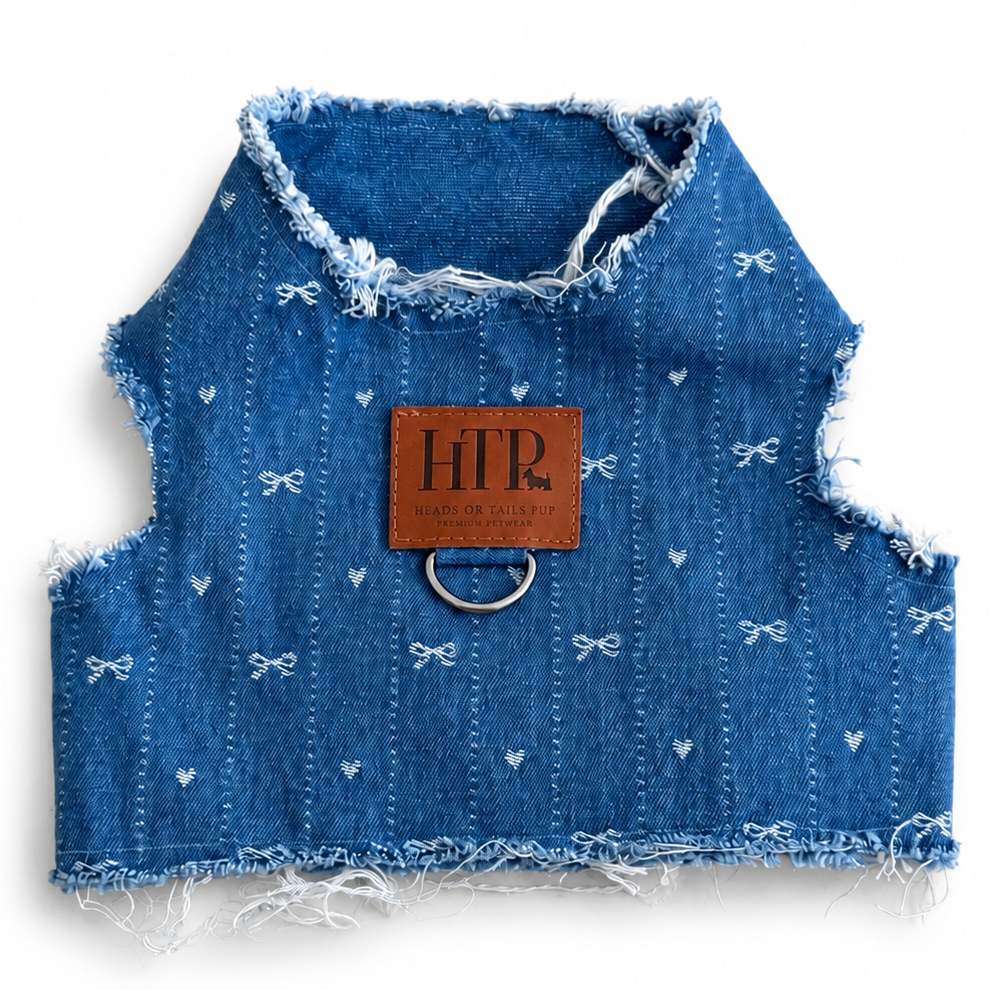 Heads or Tails Pup Bow Print Denim Dog Harness