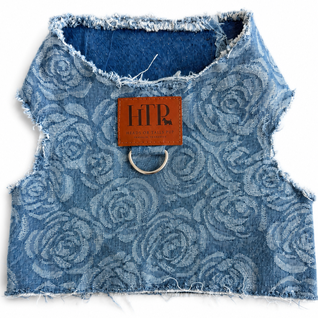 Heads or Tails Pup Rose Print Denim Dog Harness