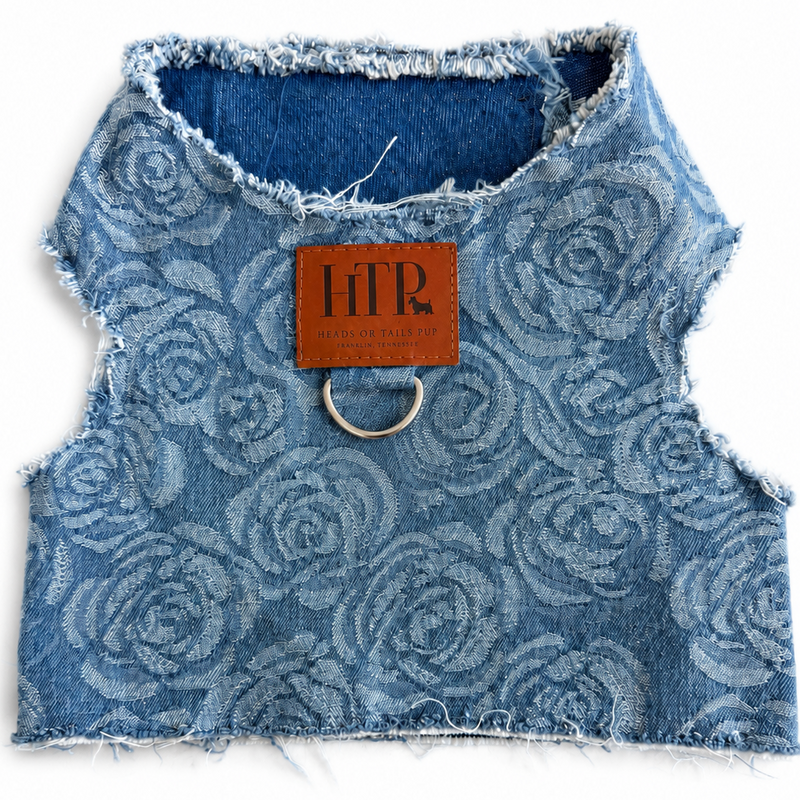 Heads or Tails Pup Rose Print Denim Dog Harness