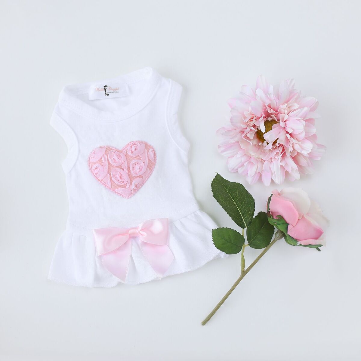 Hello Doggie Pink Puff Heart Satin Cotton Dog Dress