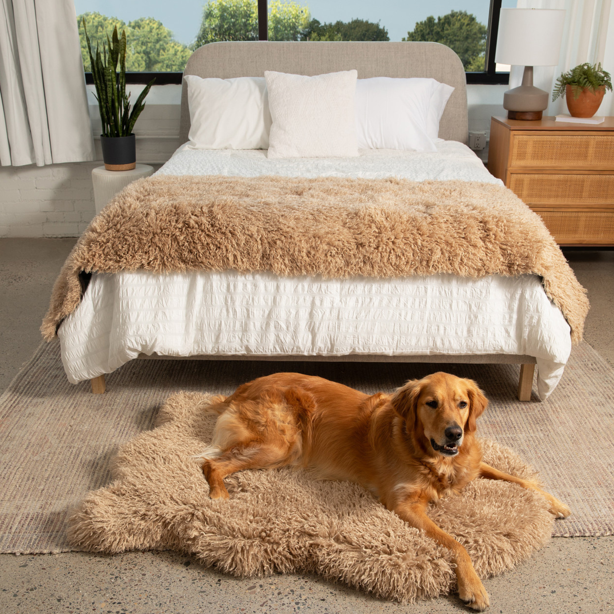 PupRug Luxe Faux Fur Orthopedic Dog Bed Plush Sheep Tan 