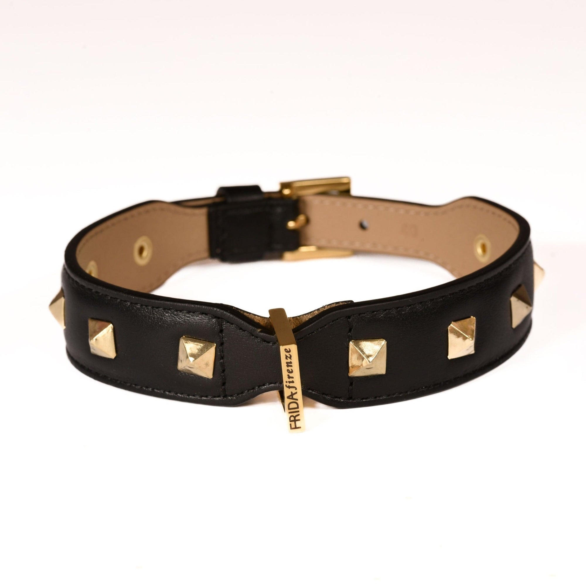 Leather Dog Collar in Black - Pyramid, Made in Italy