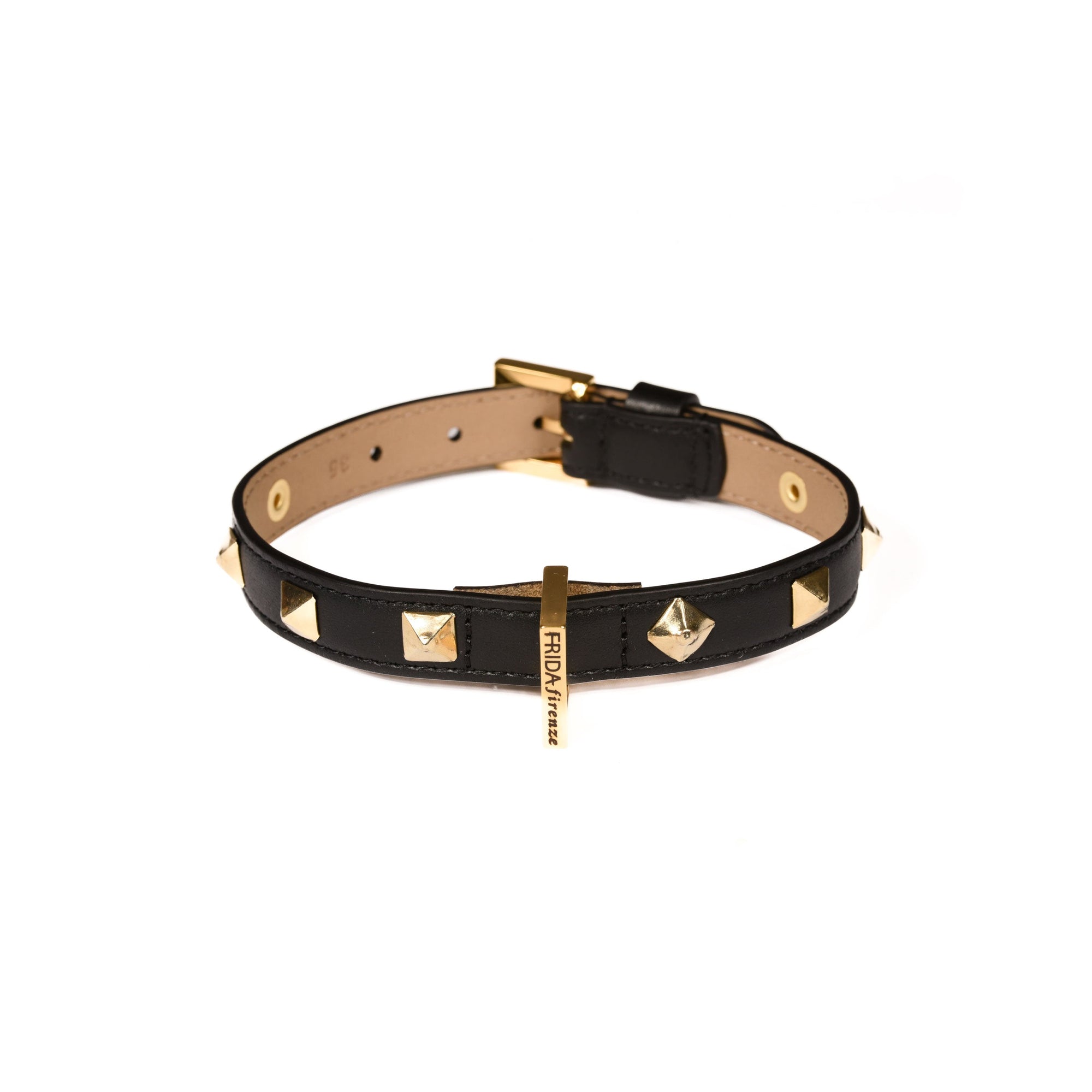 Leather Dog Collar in Black - Pyramid, Made in Italy