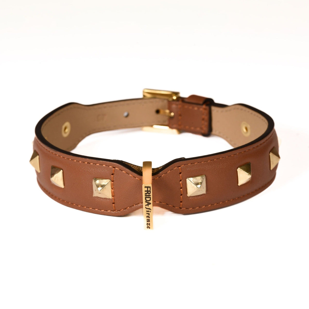 Leather Dog Collar in Brown - Pyramid, Made in Italy