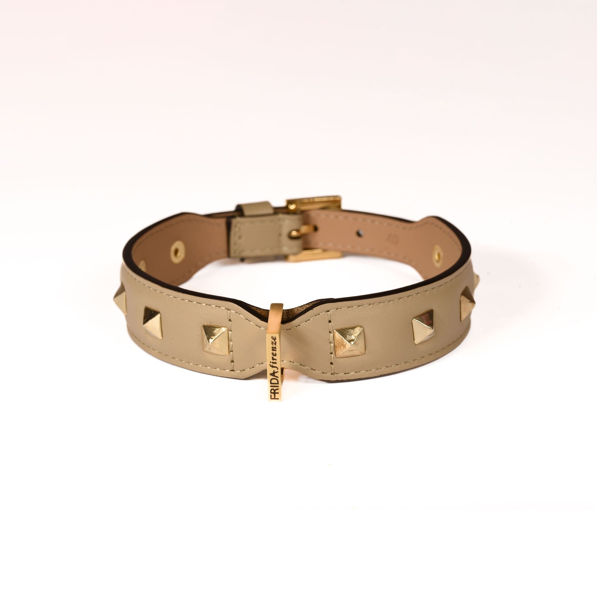Leather Dog Collar in Mud - Pyramid, Made in Italy