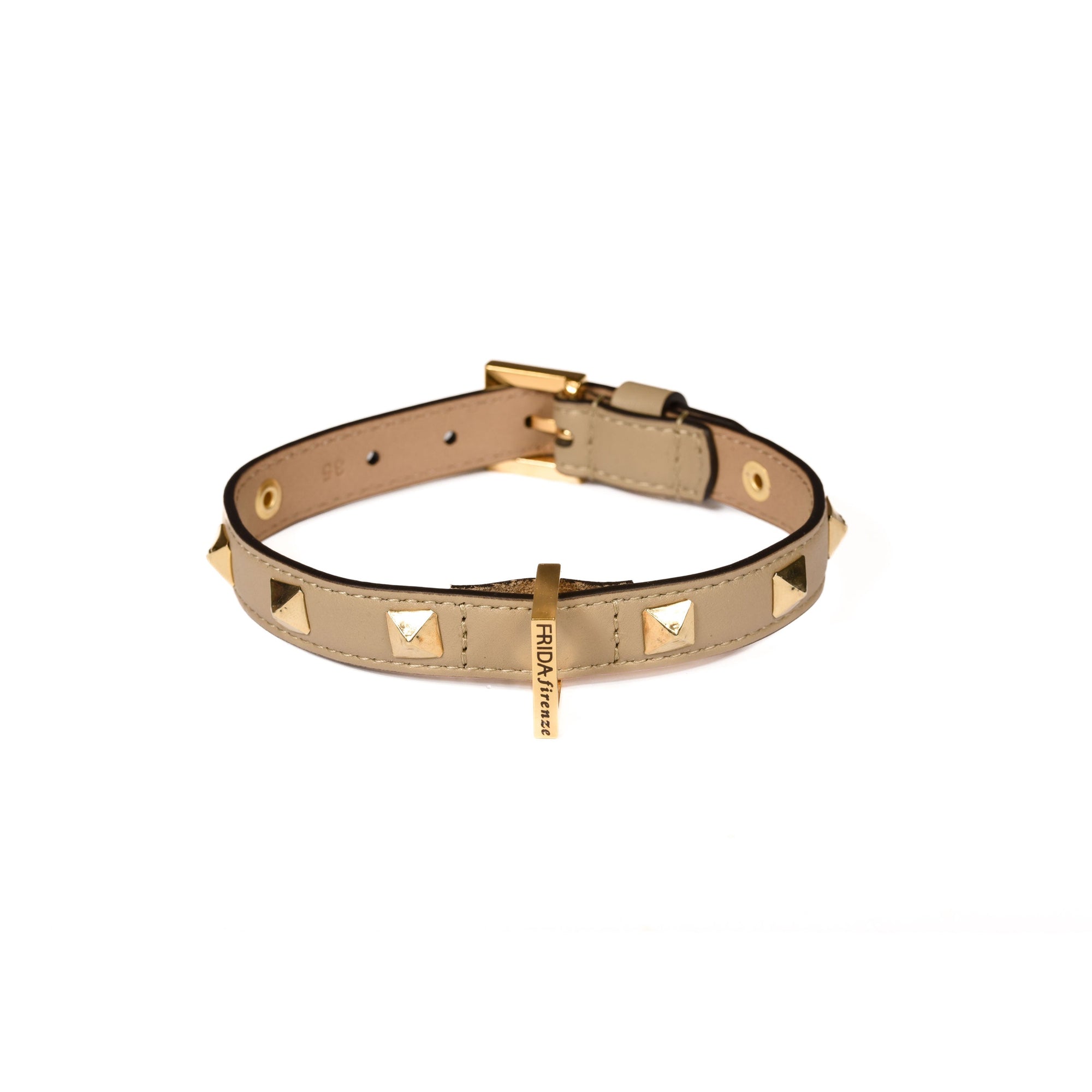 Leather Dog Collar in Mud - Pyramid, Made in Italy