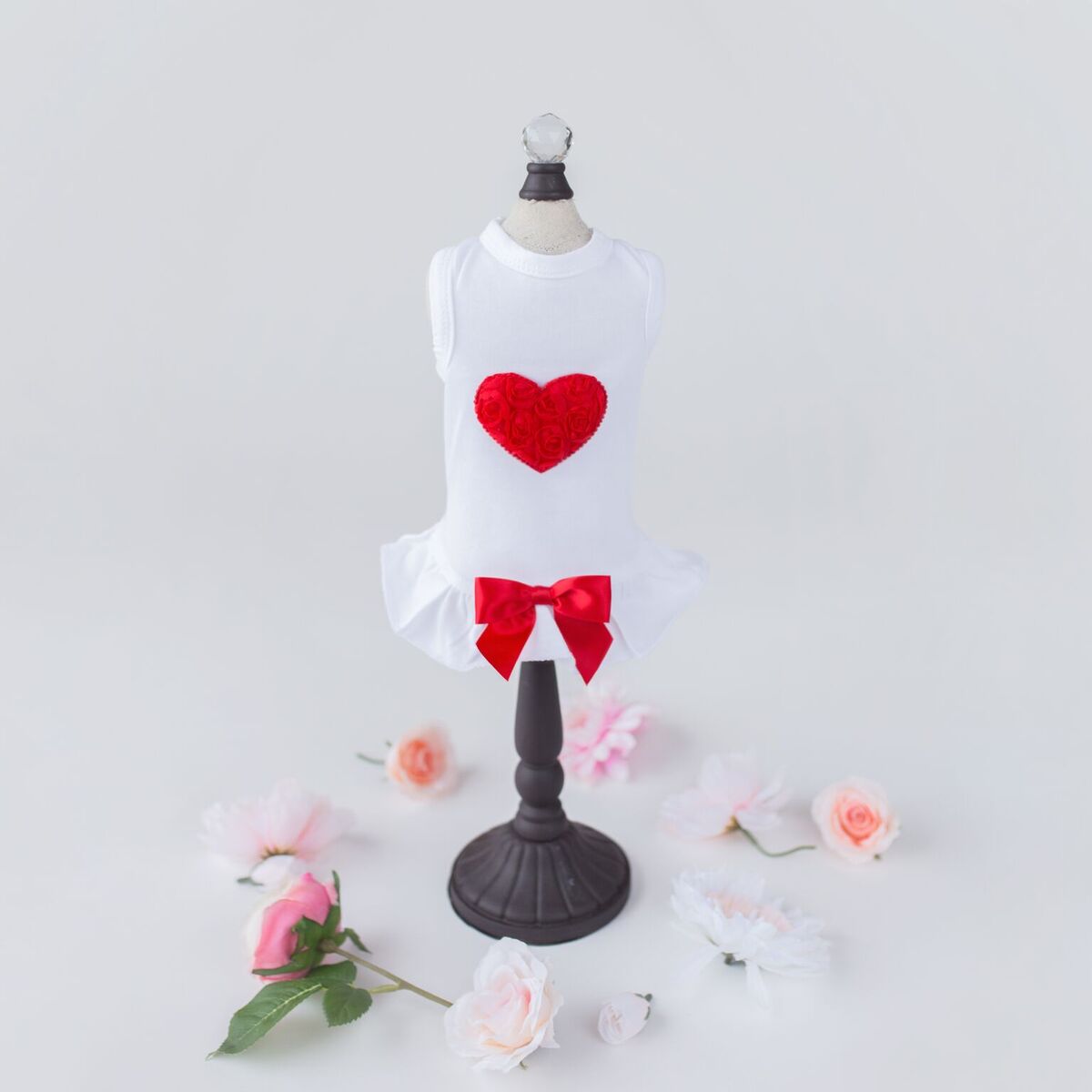 Hello Doggie Red Puff Heart Satin Cotton Pink Dog Dress