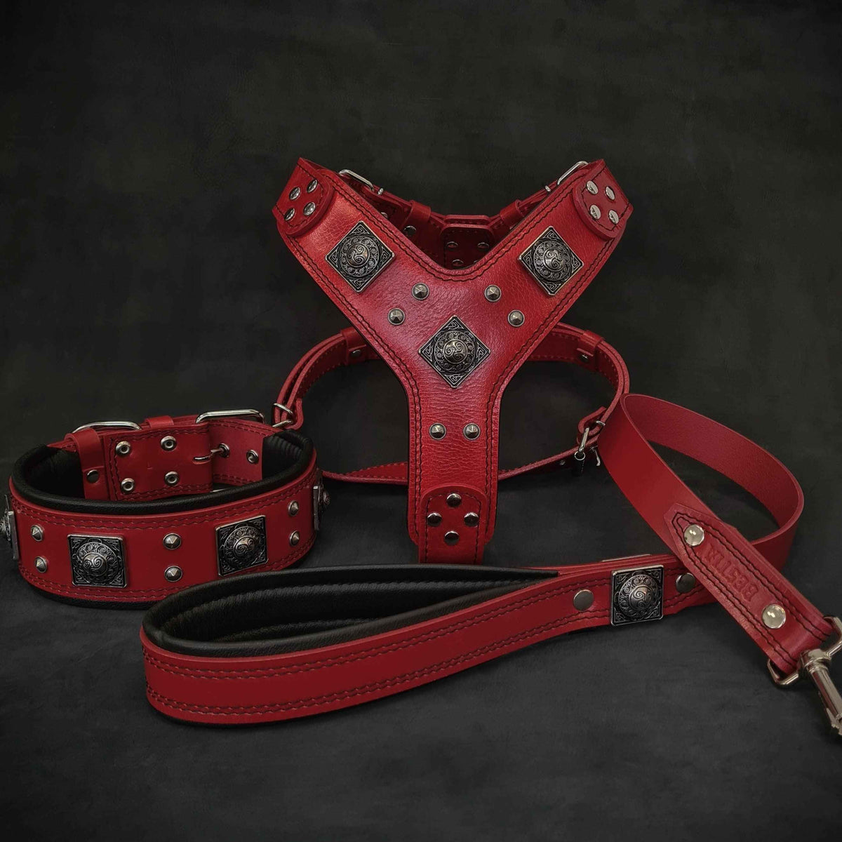 Bestia Eros Red Leather Large Breed Dog Harness, Collar & Leash Set