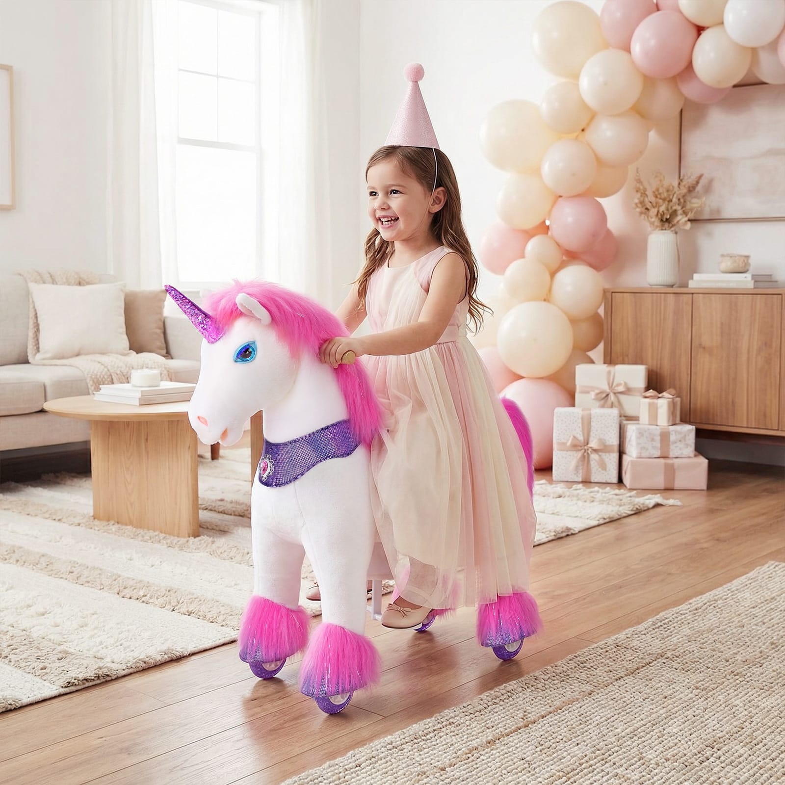Model Y Pink/Purple Unicorn Rideable Toy for Age 3-4
