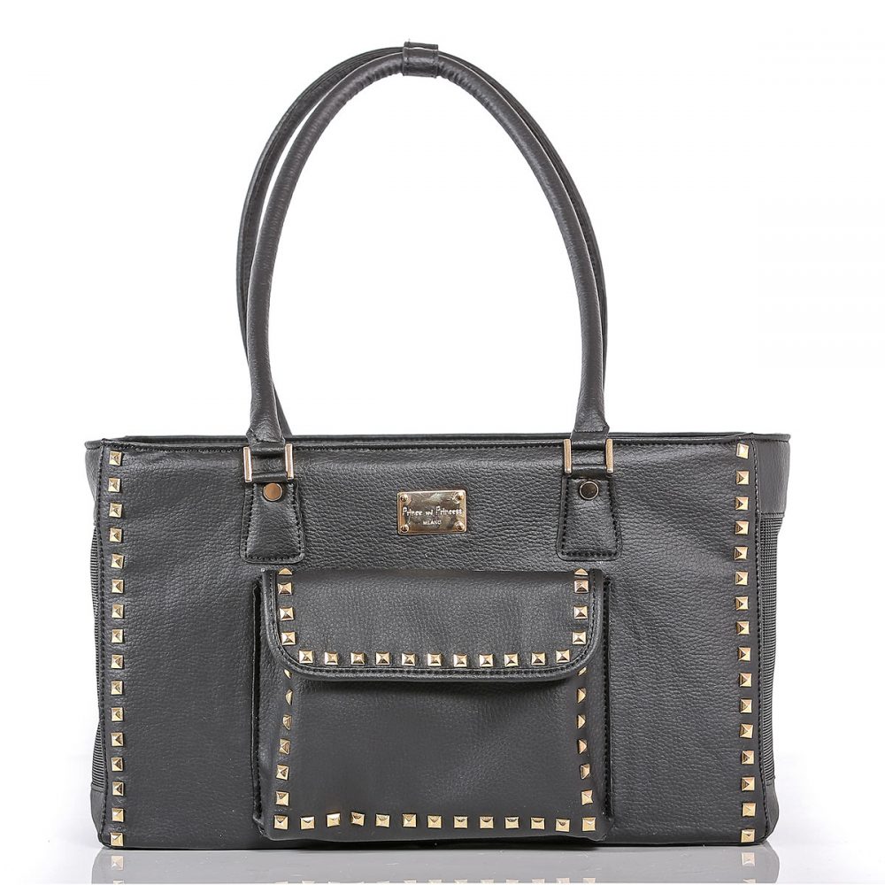 Designer Dog Travel Tote - Black with Gold Studs