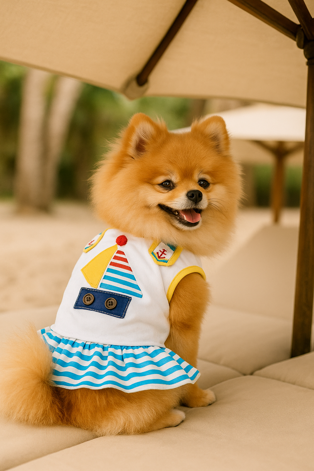 Parisian Pet Boat Dress for Dogs and Cats, Designer Dog Dress, Tropical Apparel, Yellow Blue Red White