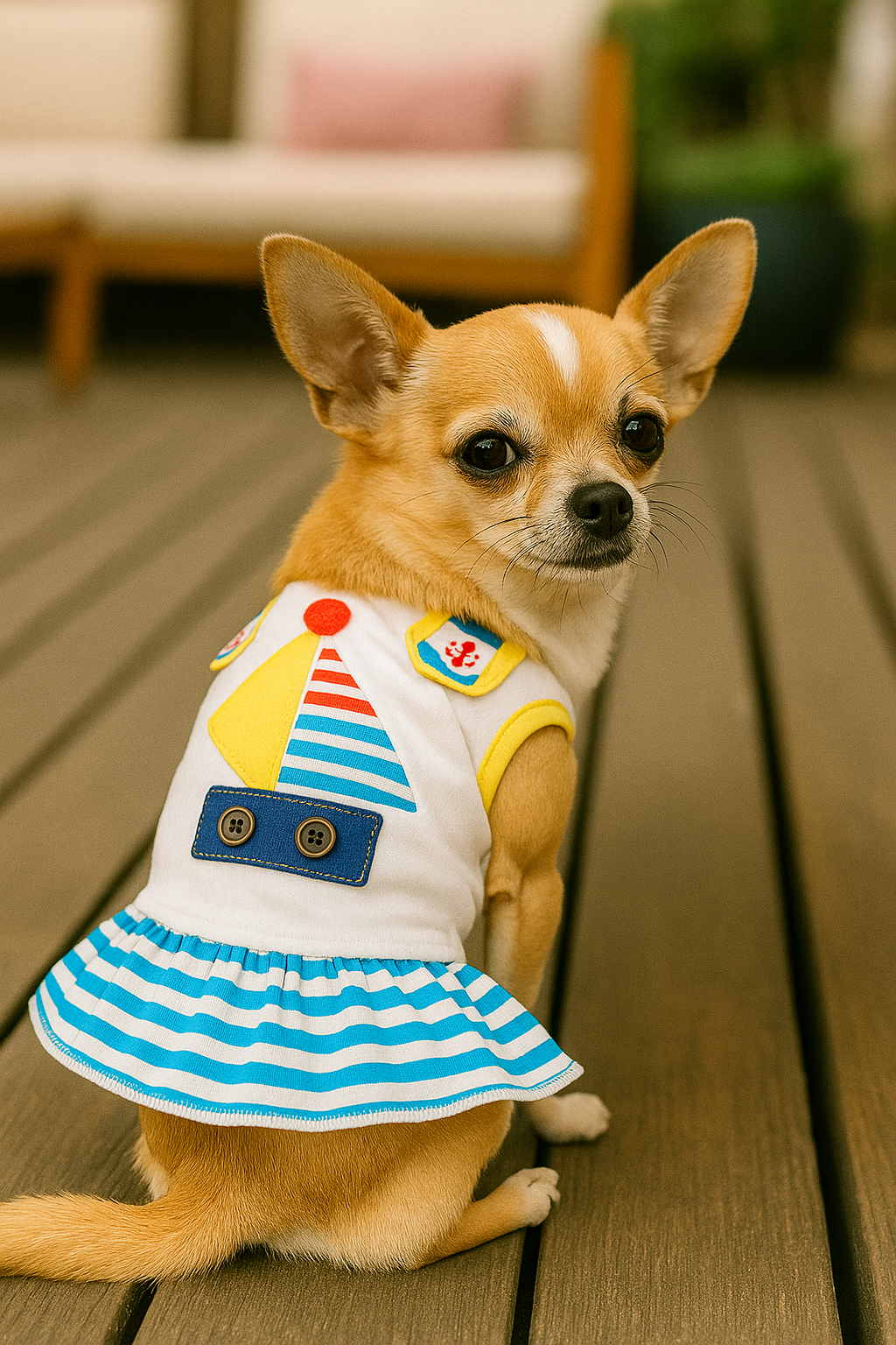 Parisian Pet Boat Dress for Dogs and Cats, Designer Dog Dress, Tropical Apparel, Yellow Blue Red White