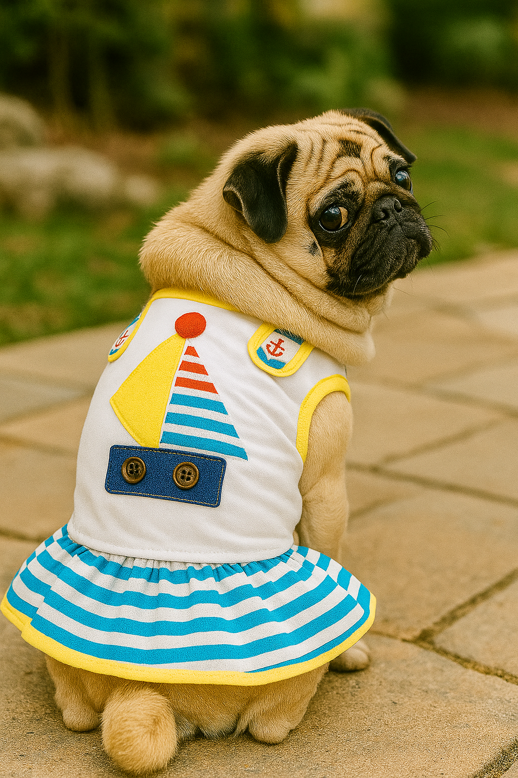 Parisian Pet Boat Dress for Dogs and Cats, Designer Dog Dress, Tropical Apparel, Yellow Blue Red White