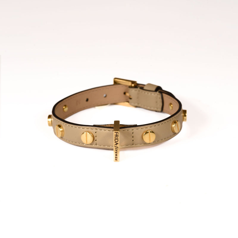 Leather Dog Collar in Mud - Stud Screw, Made in Italy