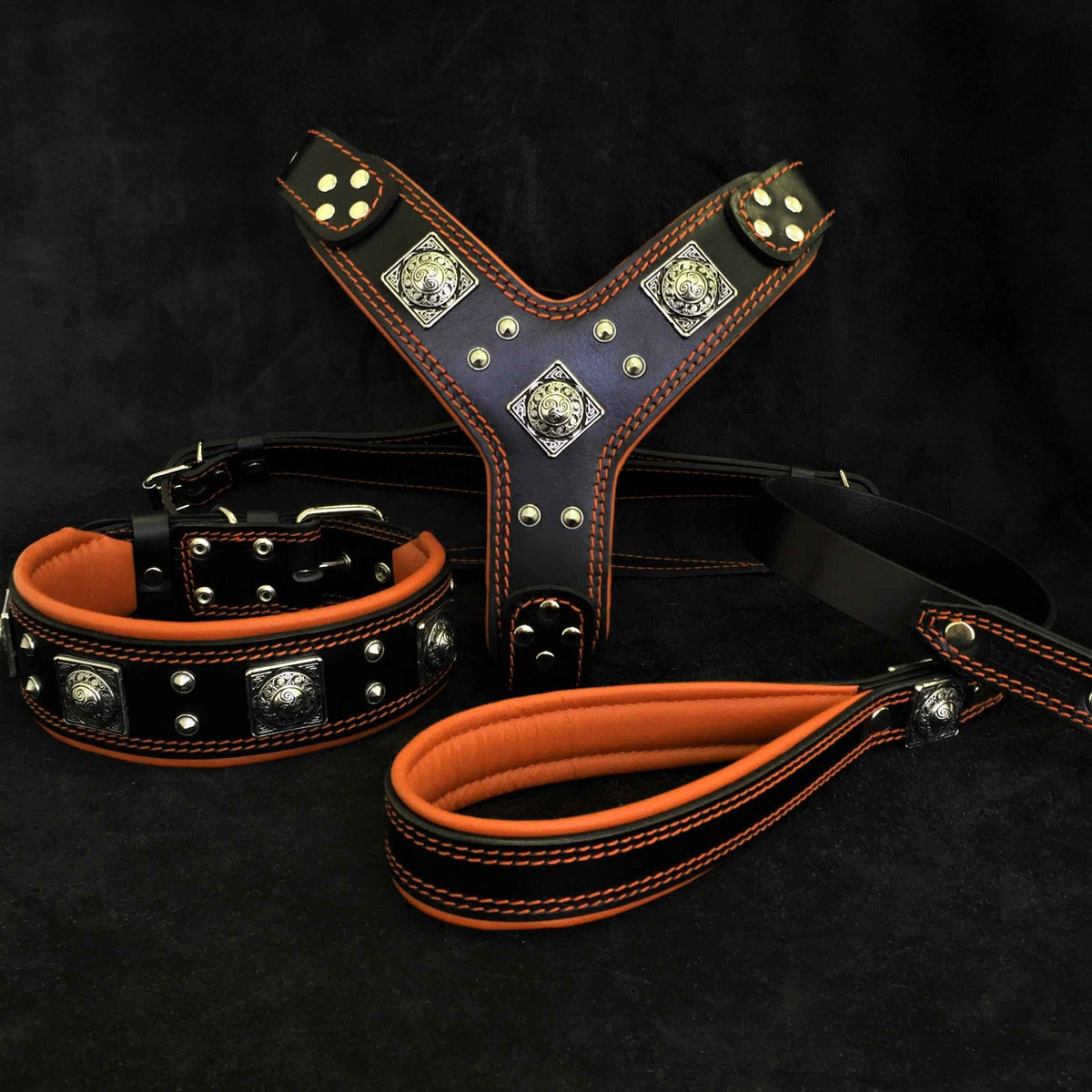 Bestia Eros Black & Orange Leather Large Breed Dog Harness, Collar & Leash Set