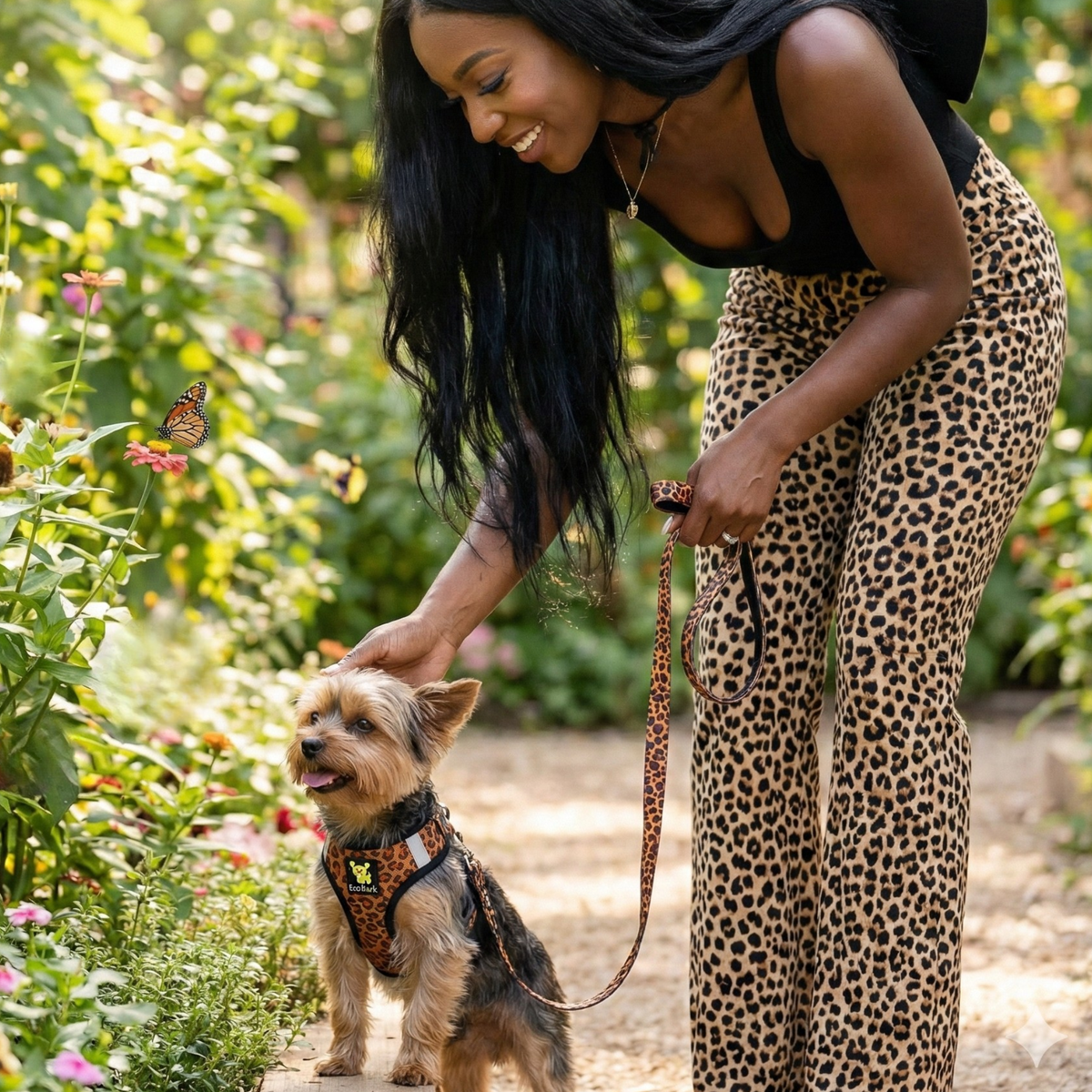 Small dog in cheetah print EcoBark walking gear outdoors