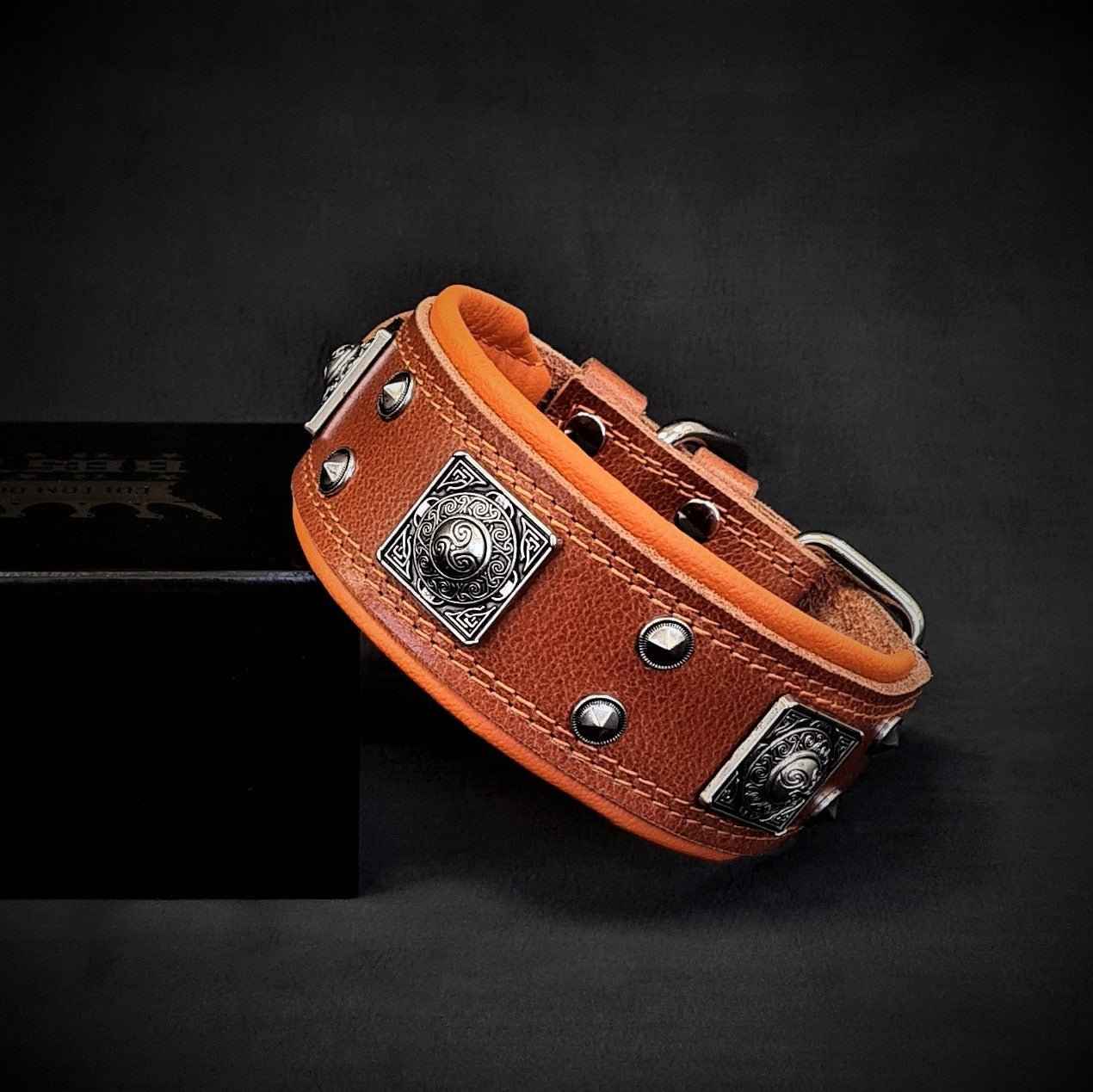 Bestia Eros 2-Inch Wide Brown & Orange Leather Dog Collar
