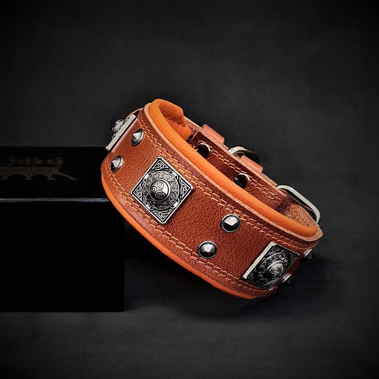 Bestia Dog Gear The "Eros" collar 2 inch wide brown & orange Genuine Leather Orange pet supplies
