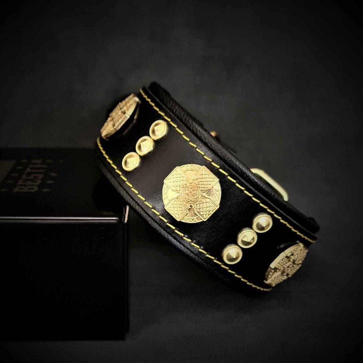 Bestia Maximus 2-Inch Wide Gold Decoration Leather Dog Collar