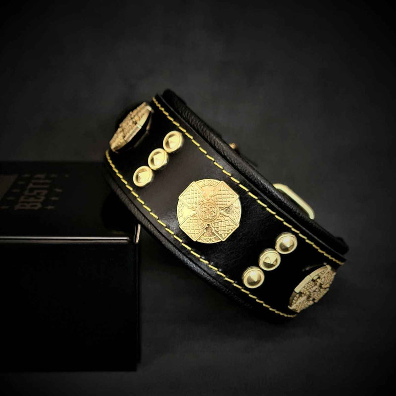 Bestia Maximus 2-Inch Wide Gold Decoration Leather Dog Collar