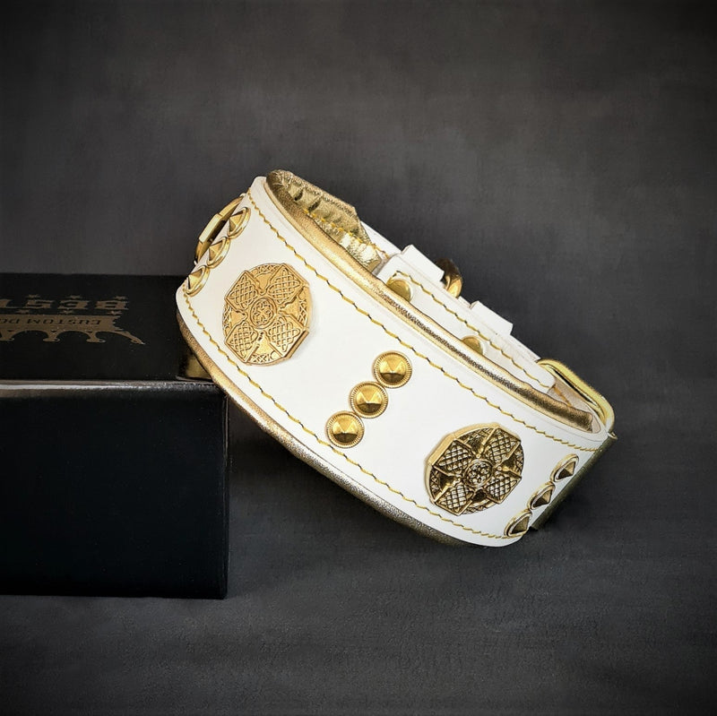 Bestia Dog Gear The "Maximus" collar 2 inch wide white & gold Genuine Leather White pet supplies