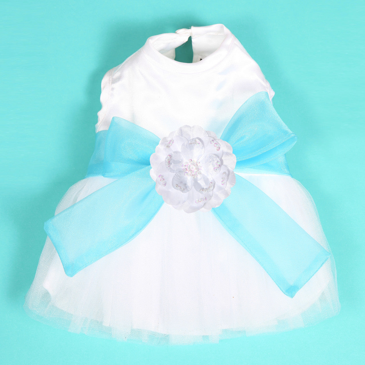 The Madeleine Dog Harness Dress with Aqua Sash