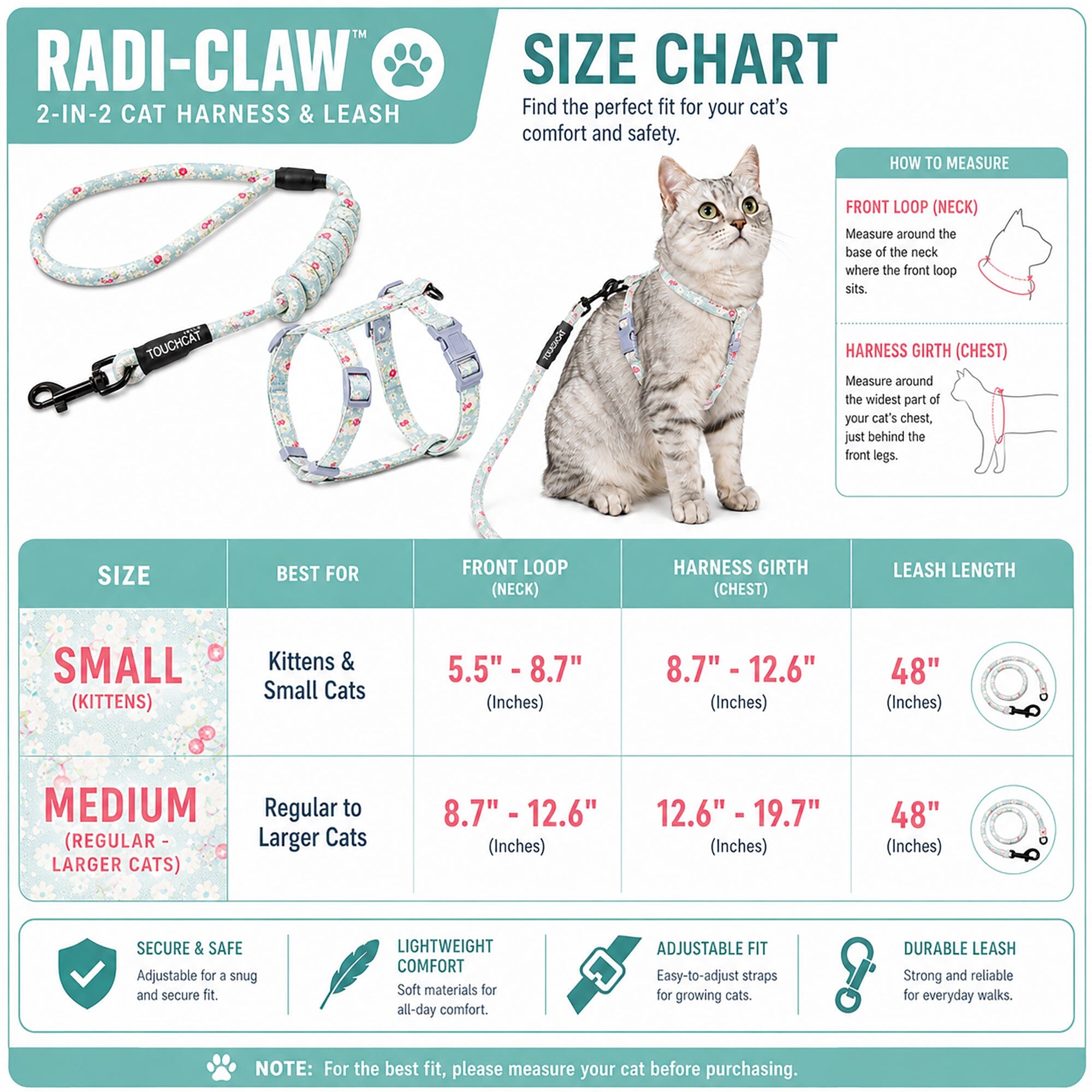 Touchcat Radi-Claw Durable Cable Cat Harness and Leash Combo | HT Animal Supply