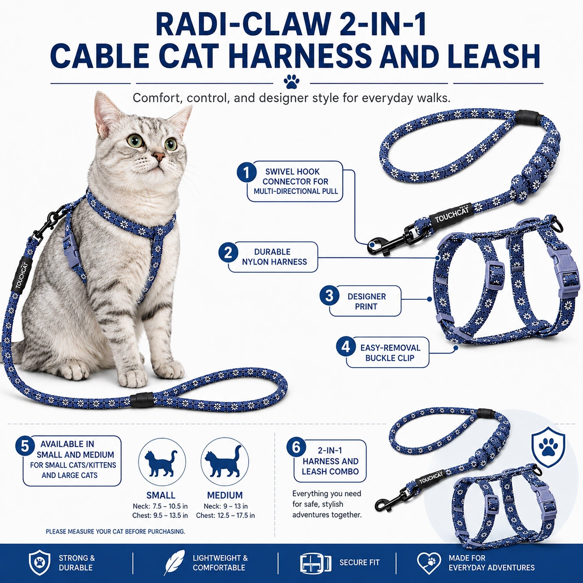 Touchcat Radi-Claw Durable Cable Cat Harness and Leash Combo | HT Animal Supply