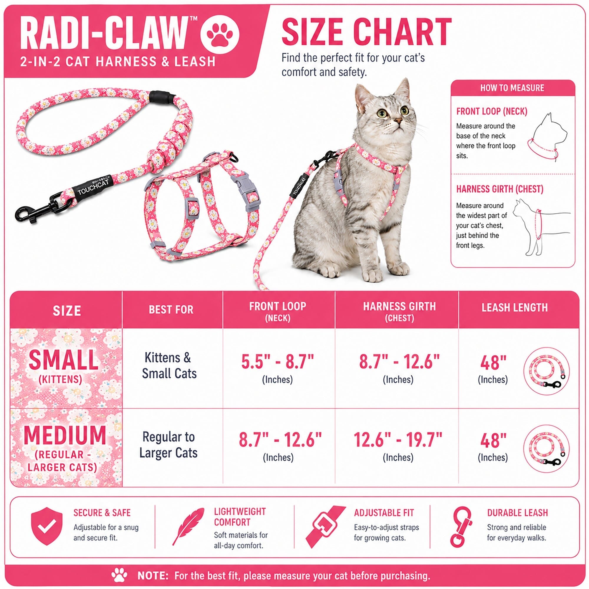 Touchcat Radi-Claw Durable Cable Cat Harness and Leash Combo | HT Animal Supply